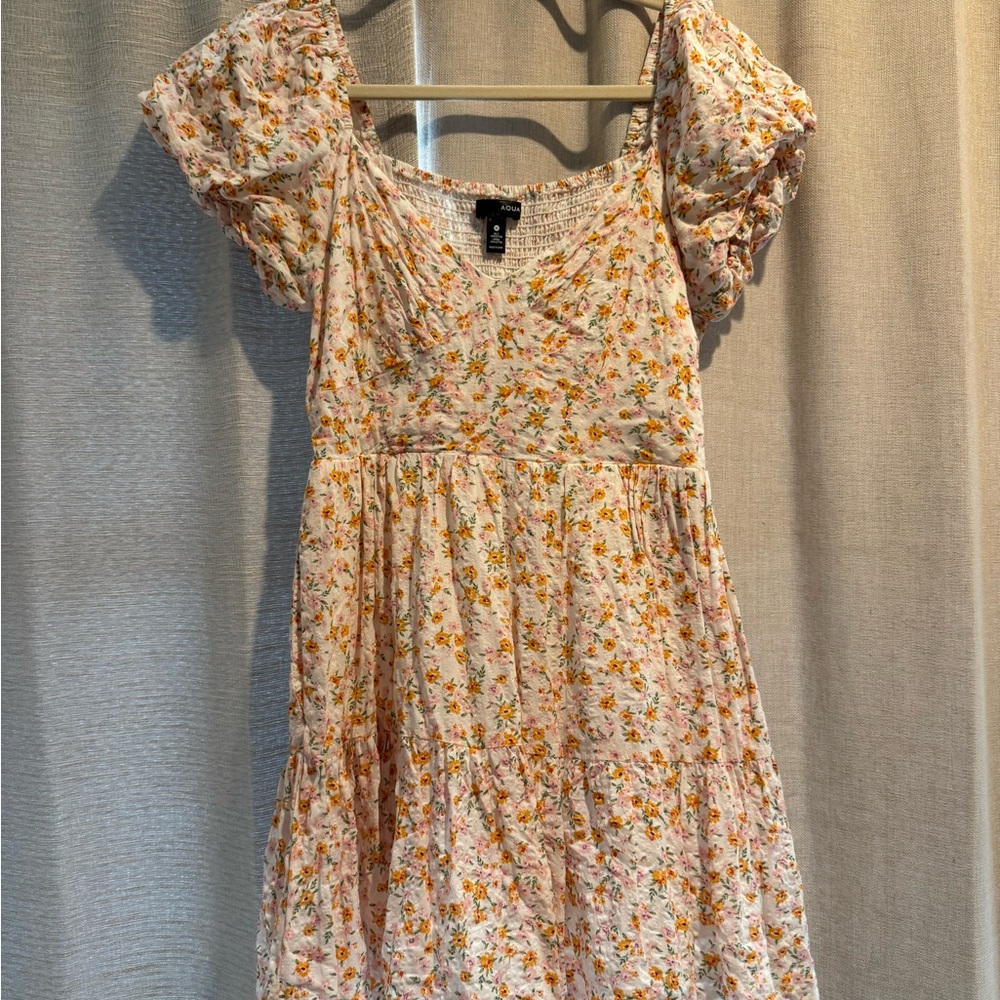 Aqua Floral Puff Sleeve Mini Dress